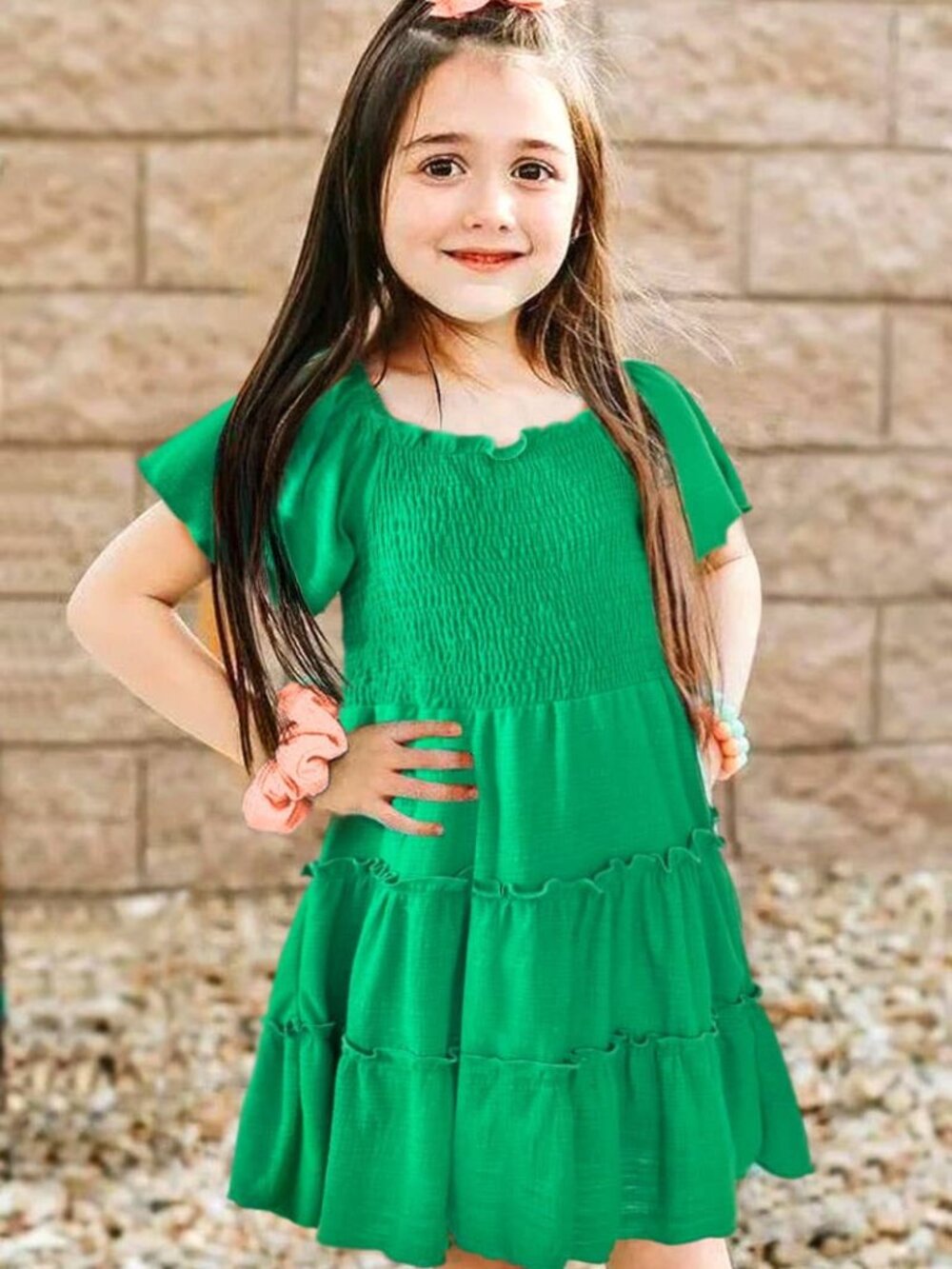 Green 3 Tier Flare Smocked Dress